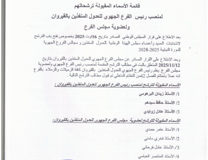 قائمة الأسماء المقبولة ترشحاتهم لمنصب رئيس الفرع الجهوي للعدول المنفذين بالقيروان ولعضوية مجلس الفرع