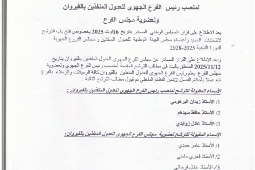 قائمة الأسماء المقبولة ترشحاتهم لمنصب رئيس الفرع الجهوي للعدول المنفذين بالقيروان ولعضوية مجلس الفرع